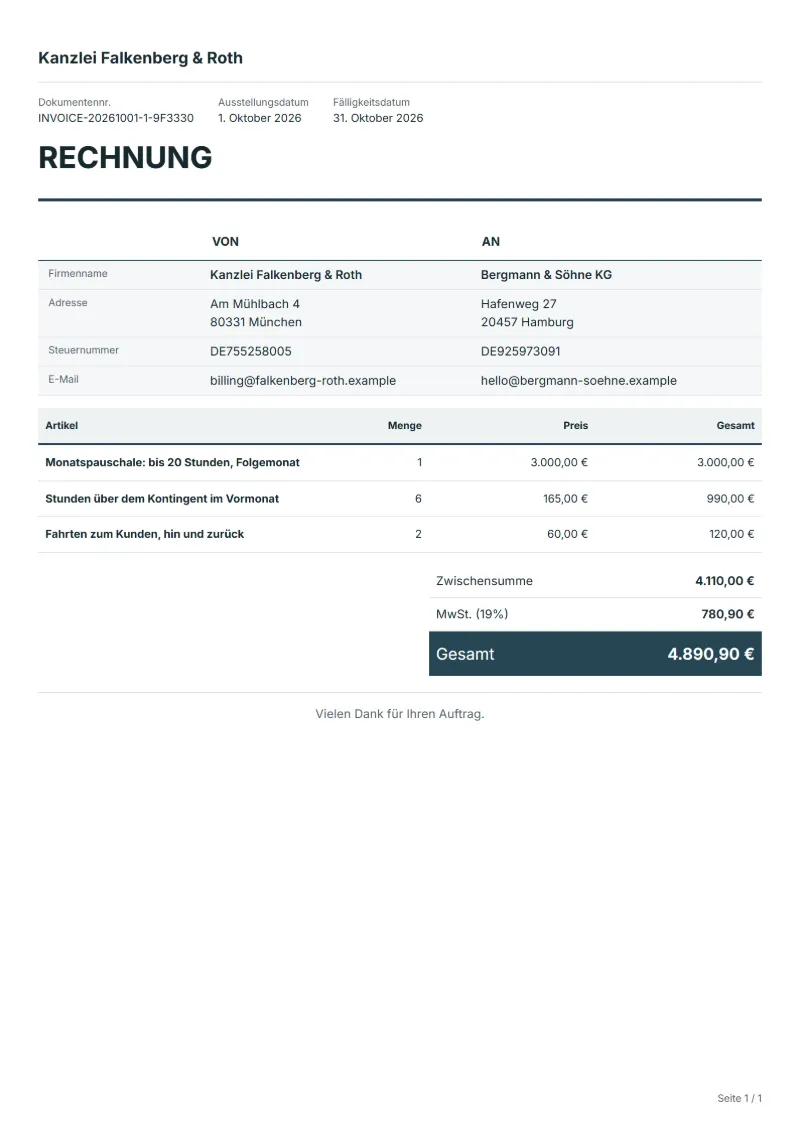 Retainer-Rechnung Vorlage (kostenlos): ausgefülltes Beispiel mit Positionen, Mengen, Preisen und Gesamtbetrag