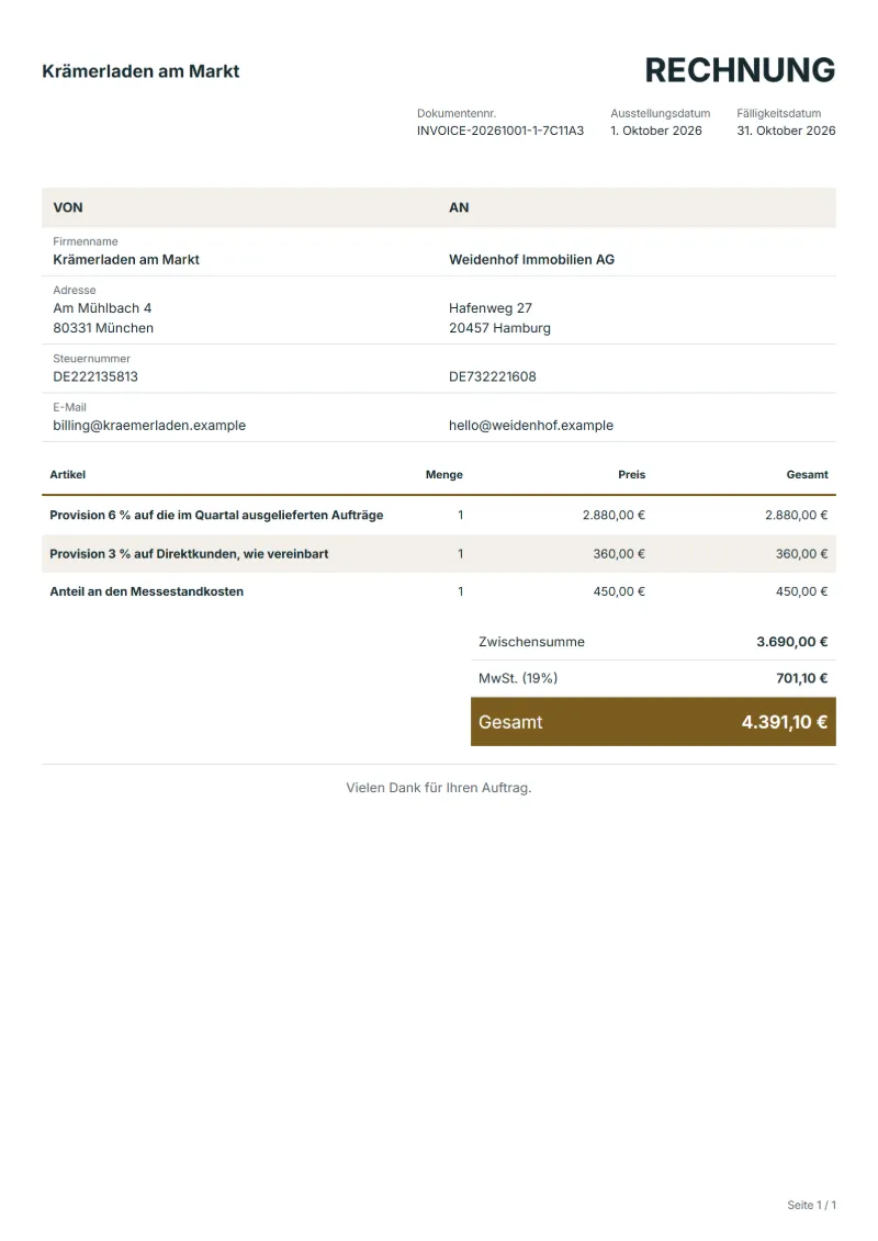 Provisionsrechnung für Handelsvertreter Vorlage (kostenlos): ausgefülltes Beispiel mit Positionen und Gesamtbetrag