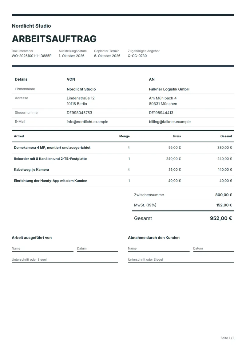 Arbeitsauftrag für Überwachungskameras (kostenlos): ausgefülltes Beispiel mit Positionen, Mengen, Preisen und Gesamtbetrag