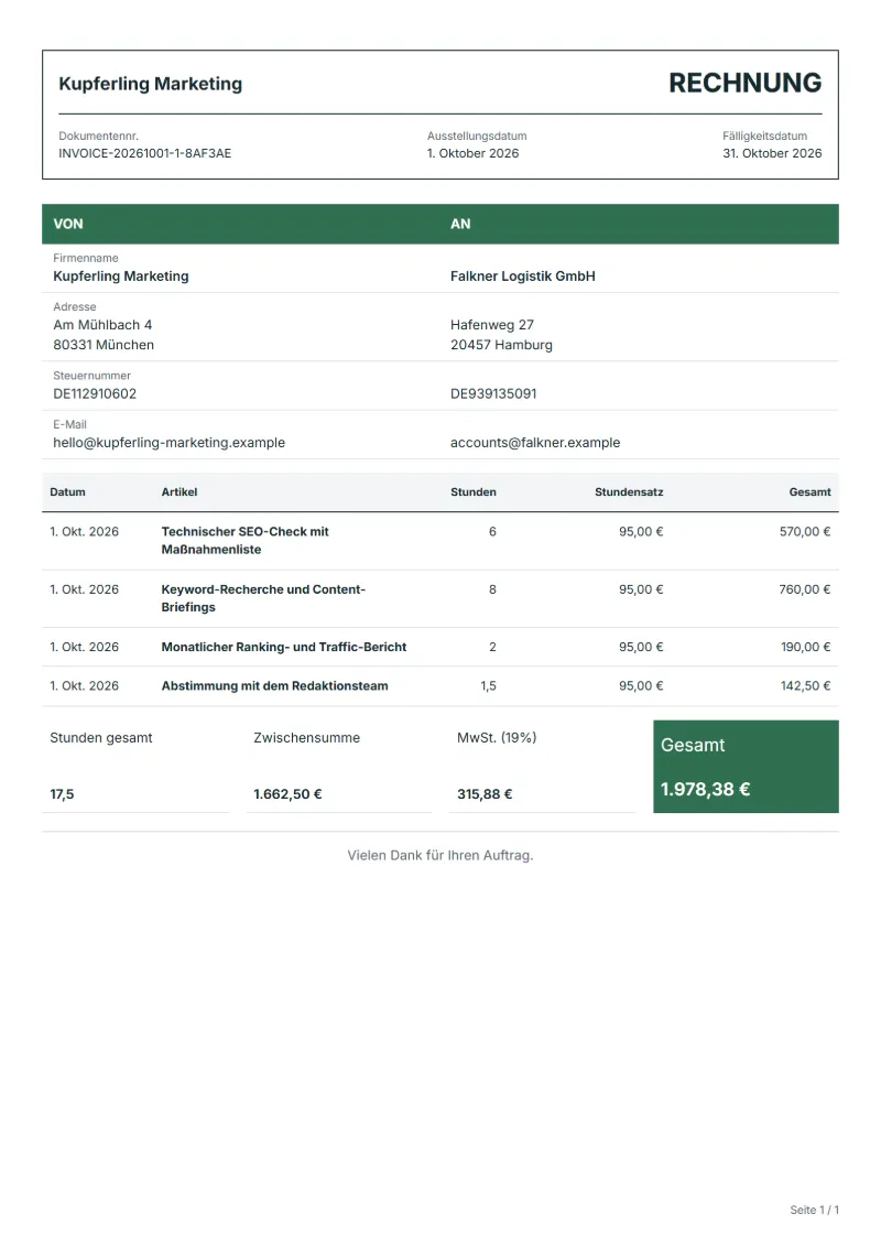 Rechnung für SEO-Beratung (kostenlos): ausgefülltes Beispiel mit Datum, Stunden, Stundensätzen und Gesamtbetrag