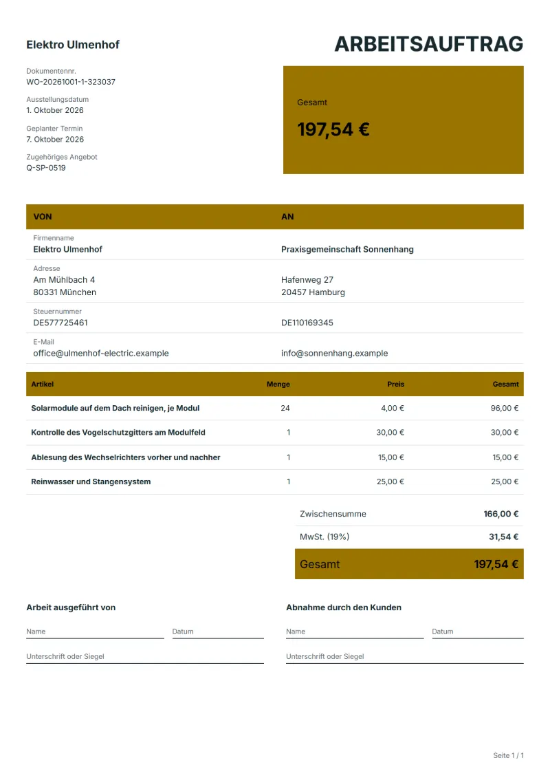 Arbeitsauftrag für Solarmodulreinigung (kostenlos): ausgefülltes Beispiel mit Positionen, Mengen, Preisen und Gesamtbetrag