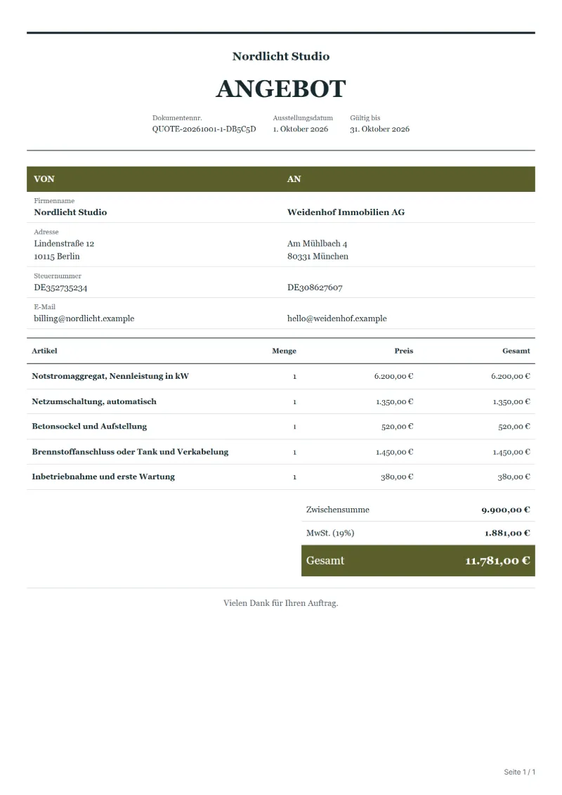 Angebot für ein Notstromaggregat (kostenlos): ausgefülltes Beispiel mit Positionen, Mengen, Preisen und Gesamtbetrag