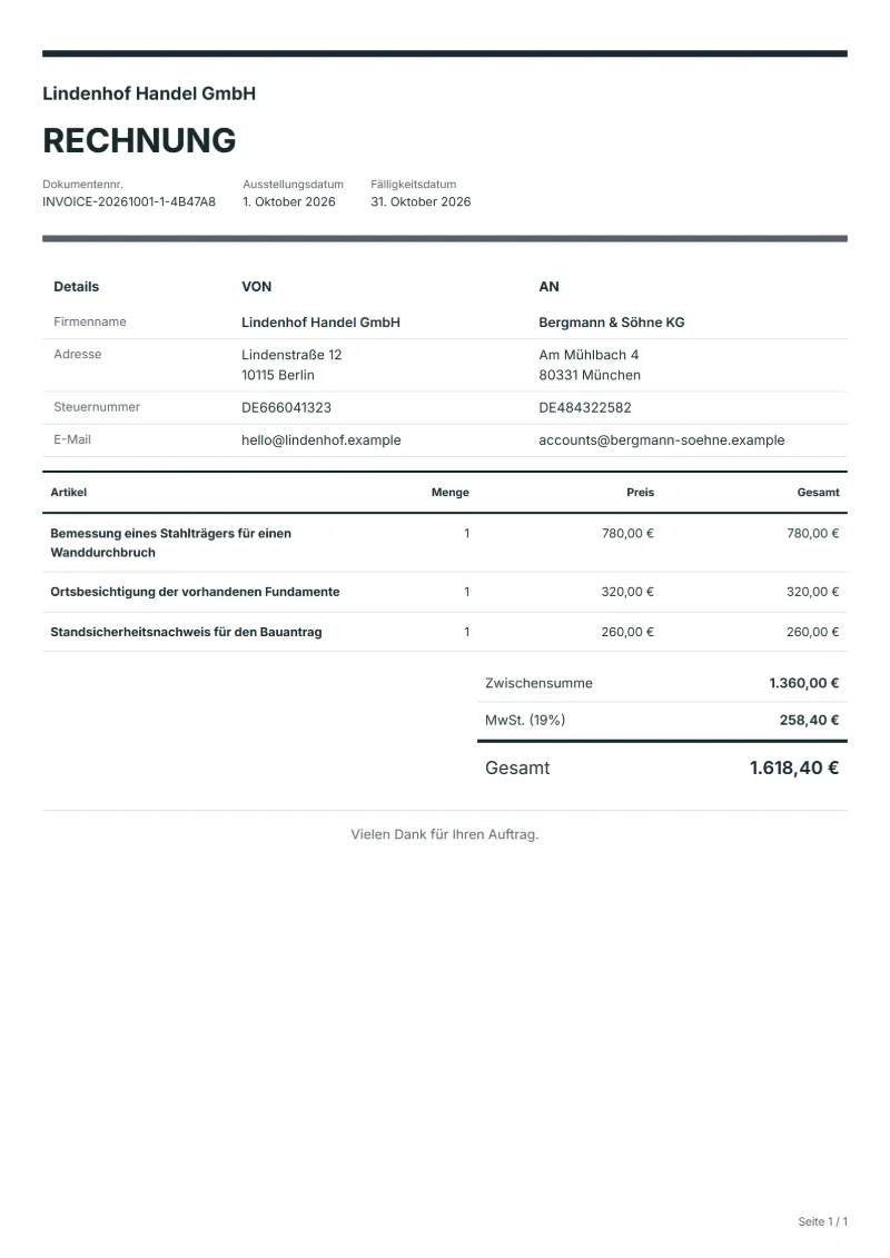 Rechnung für Tragwerksplanung (kostenlos): ausgefülltes Beispiel mit Positionen, Mengen, Preisen und Gesamtbetrag