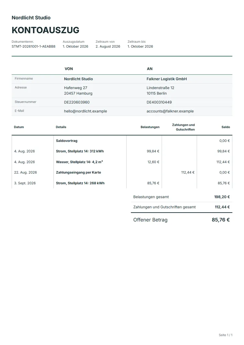 Kontoauszug für Zwischenzähler-Abrechnung Vorlage (kostenlos): ausgefülltes Beispiel mit Belastungen und Zahlungen