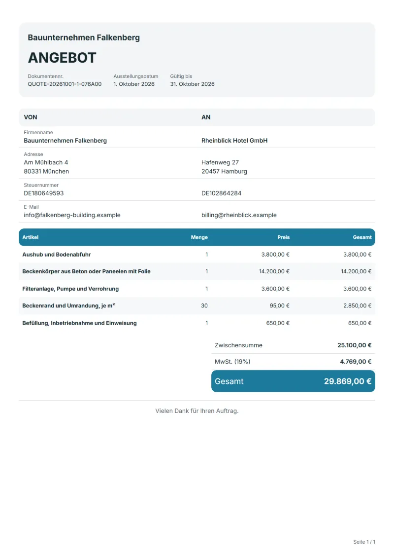 Angebot für den Poolbau (kostenlos): ausgefülltes Beispiel mit Positionen, Mengen, Preisen und Gesamtbetrag