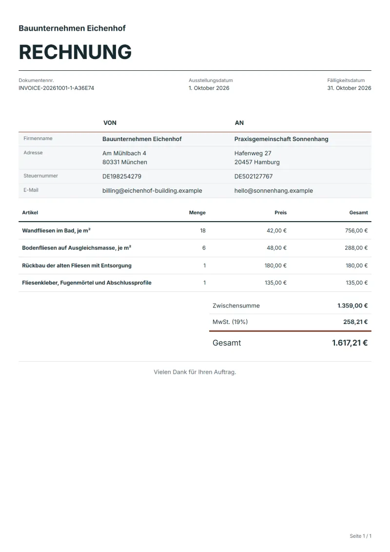 Rechnung für Fliesenleger (kostenlos): ausgefülltes Beispiel mit Positionen, Mengen, Preisen und Gesamtbetrag