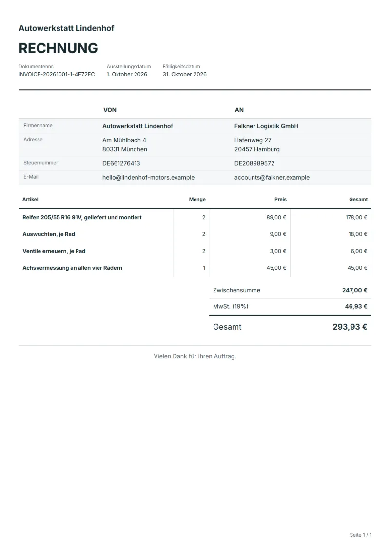 Rechnung für Reifenservice (kostenlos): ausgefülltes Beispiel mit Positionen, Mengen, Preisen und Gesamtbetrag