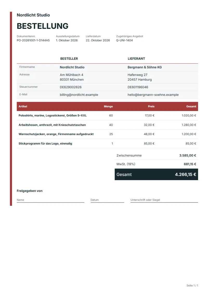 Bestellung von Arbeitskleidung Vorlage (kostenlos): ausgefülltes Beispiel mit Positionen, Mengen, Preisen und Gesamtbetrag