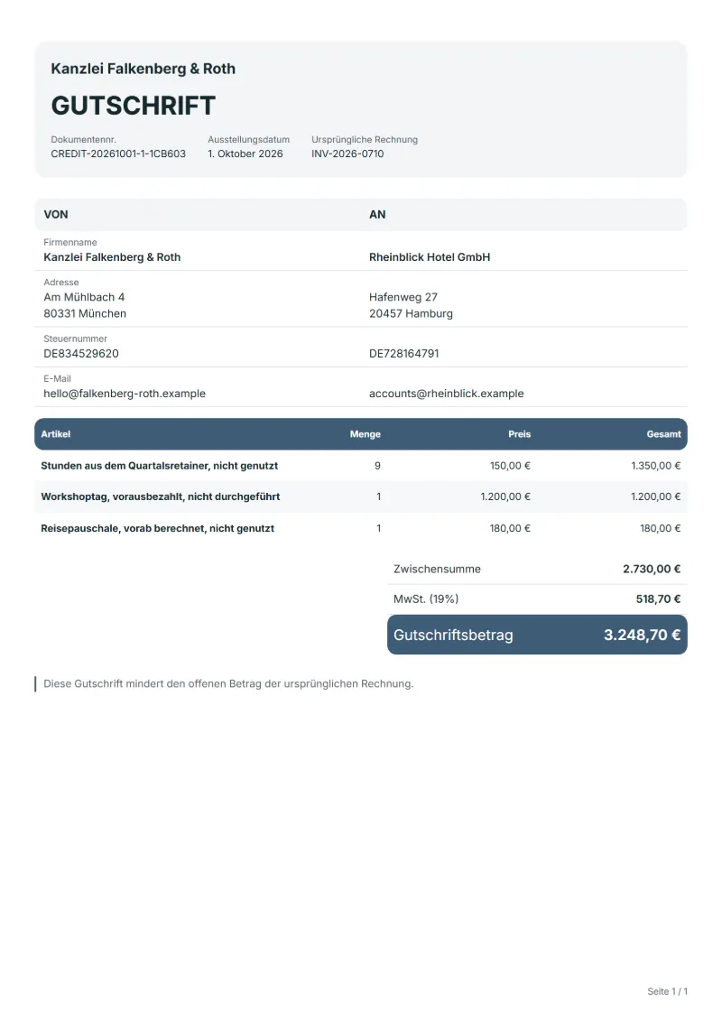 Gutschrift für ungenutzte Pauschalstunden Vorlage (kostenlos): ausgefülltes Beispiel mit Positionen und Gesamtbetrag