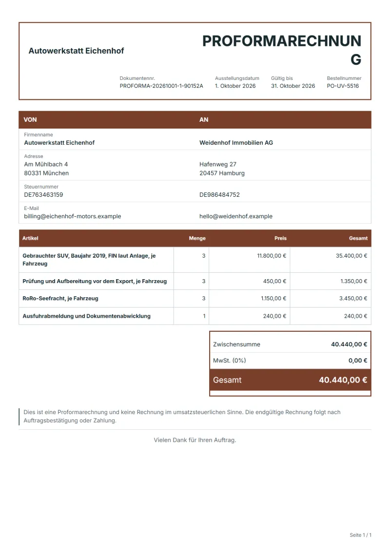 Proformarechnung für den Gebrauchtwagen-Export (kostenlos): ausgefülltes Beispiel mit Positionen und Gesamtbetrag
