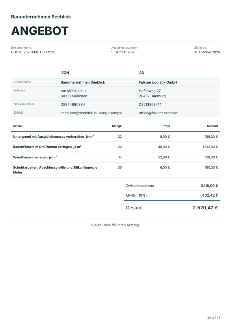 Angebot für Fliesenarbeiten (kostenlos): ausgefülltes Beispiel mit Positionen, Mengen, Preisen und Gesamtbetrag