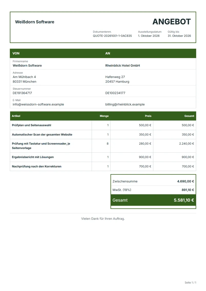 Angebot für eine Barrierefreiheitsprüfung (kostenlos): ausgefülltes Beispiel mit Positionen, Mengen, Preisen und Gesamtbetrag