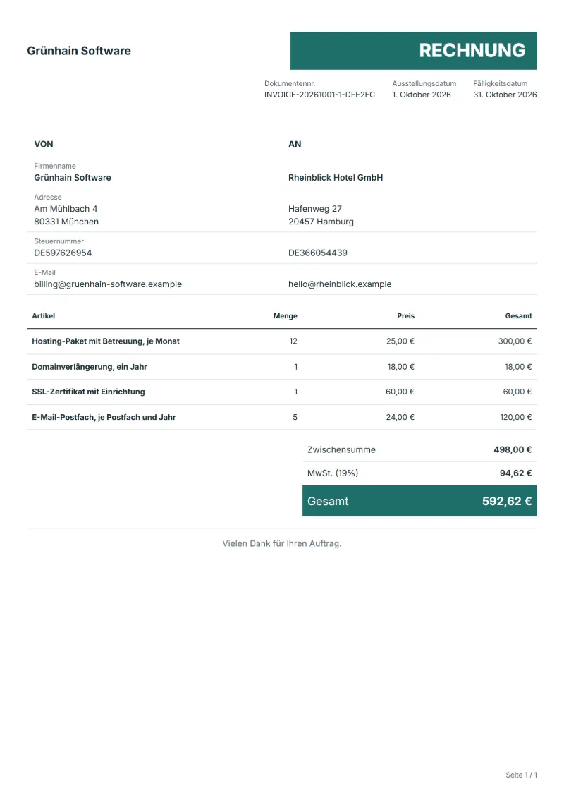 Rechnung für Webhosting (kostenlos): ausgefülltes Beispiel mit Positionen, Mengen, Preisen und Gesamtbetrag
