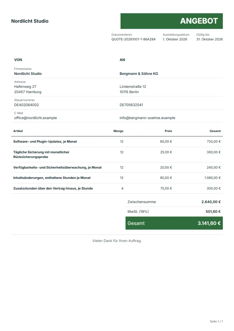 Angebot für einen Website-Wartungsvertrag (kostenlos): ausgefülltes Beispiel mit Positionen, Mengen, Preisen und Gesamtbetrag