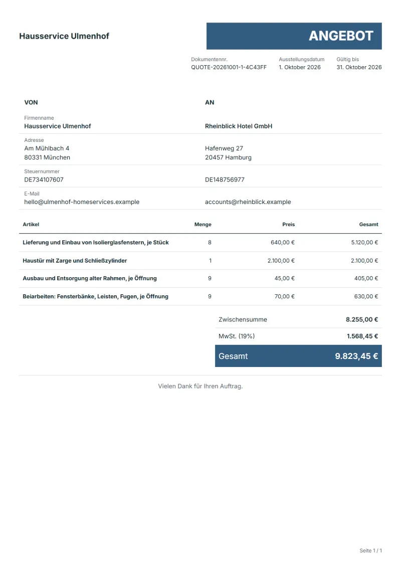 Angebot für Fenster- und Türentausch (kostenlos): ausgefülltes Beispiel mit Positionen, Mengen, Preisen und Gesamtbetrag