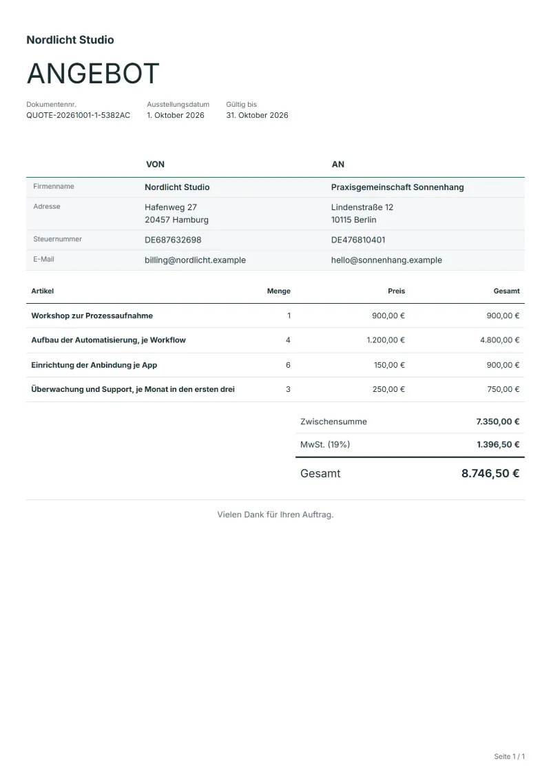 Angebot für Workflow-Automatisierung (kostenlos): ausgefülltes Beispiel mit Positionen, Mengen, Preisen und Gesamtbetrag