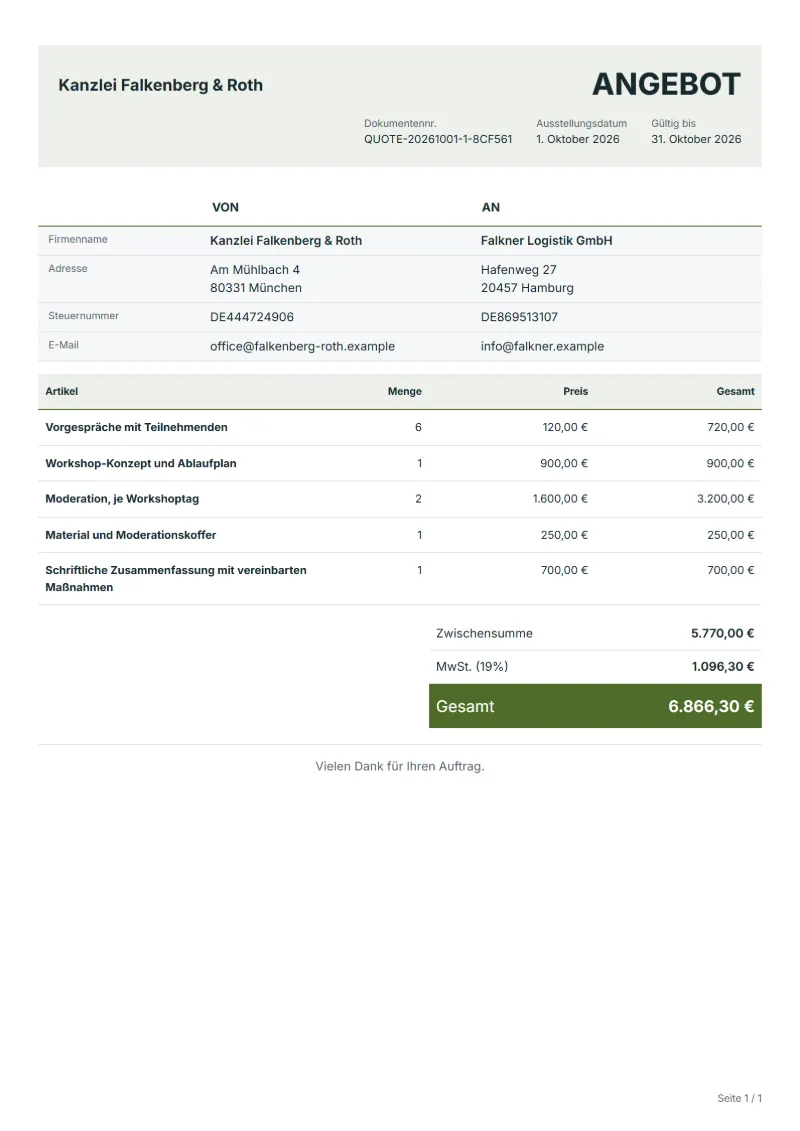 Angebot für Workshop-Moderation (kostenlos): ausgefülltes Beispiel mit Positionen, Mengen, Preisen und Gesamtbetrag