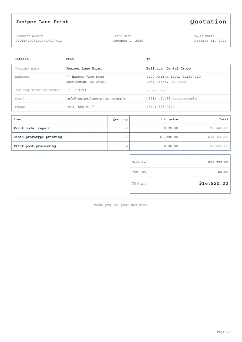 Free 3D printing quotation template: sample document with line items, quantities, prices and the total