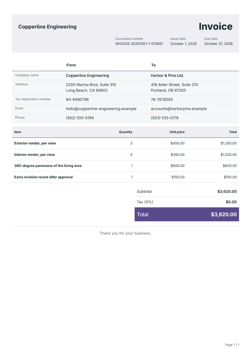 Free 3D rendering invoice template: sample document with line items, quantities, prices and the total