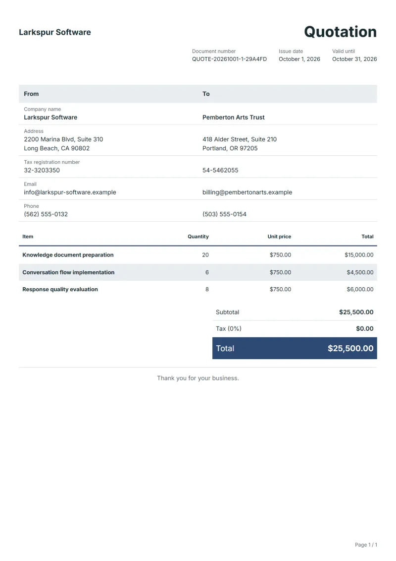 Free AI chatbot quotation template: sample document with line items, quantities, prices and the total