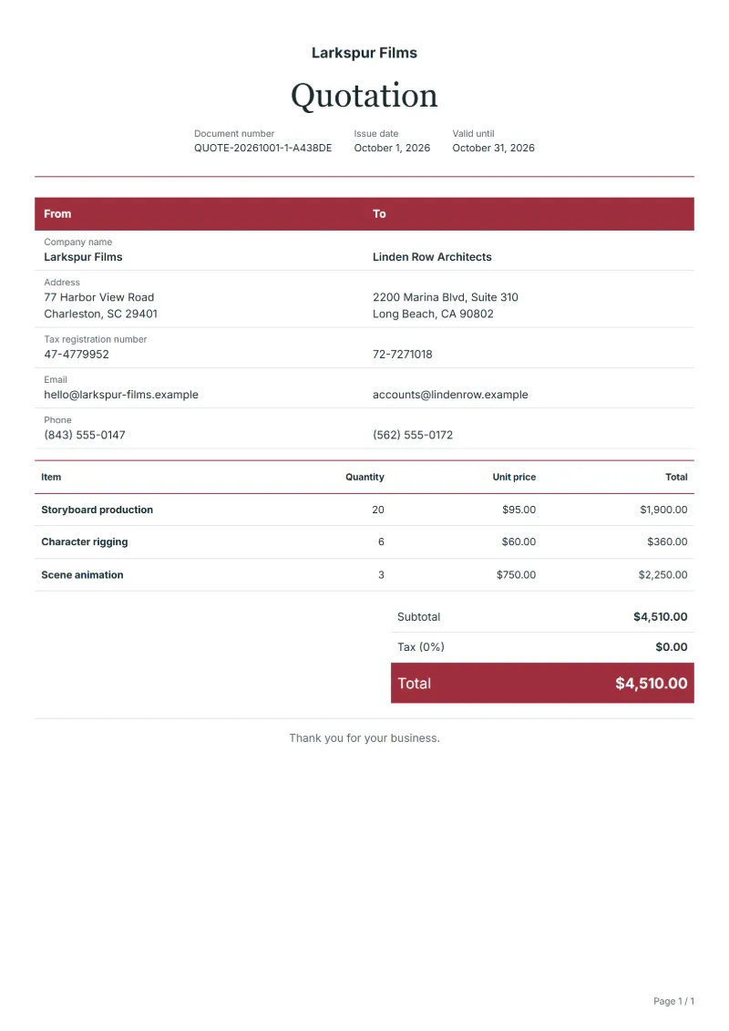 Free animation quotation template: sample document with fictional company names, line items, quantities, prices and the total