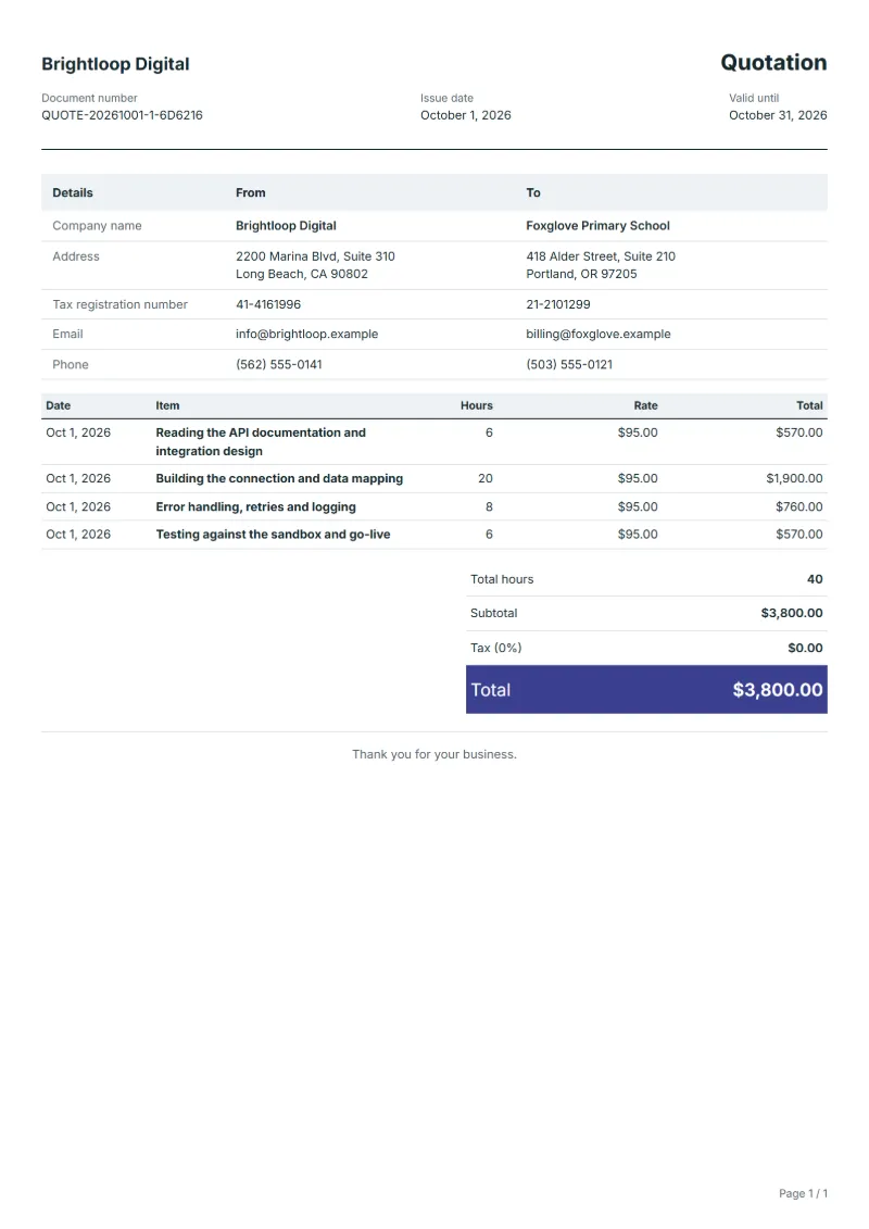 Free API integration quotation template: sample document with dates, hours, hourly rates and the total