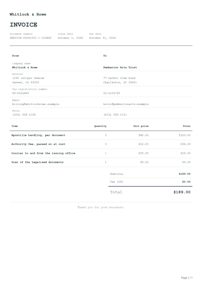Free apostille service invoice template: sample document with line items, quantities, prices and the total