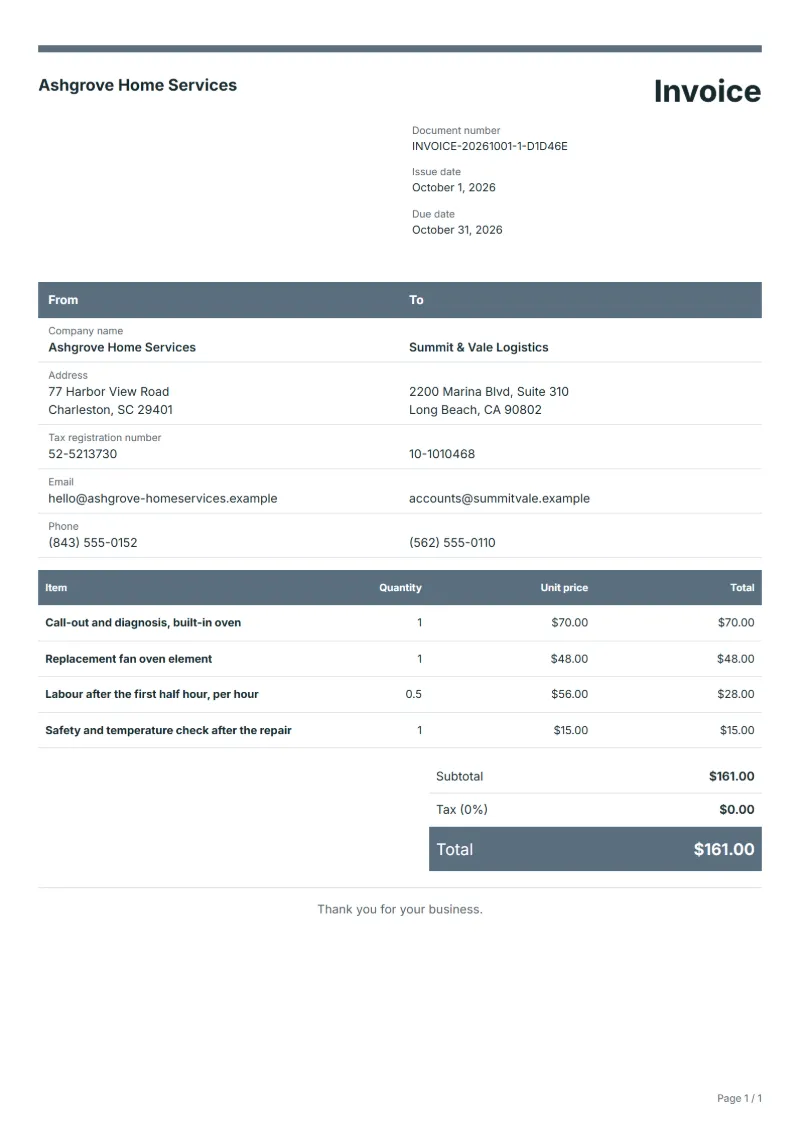 Free appliance repair invoice template: sample document with line items, quantities, prices and the total