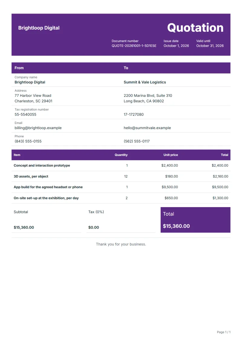 Free AR/VR experience quotation template: sample document with line items, quantities, prices and the total