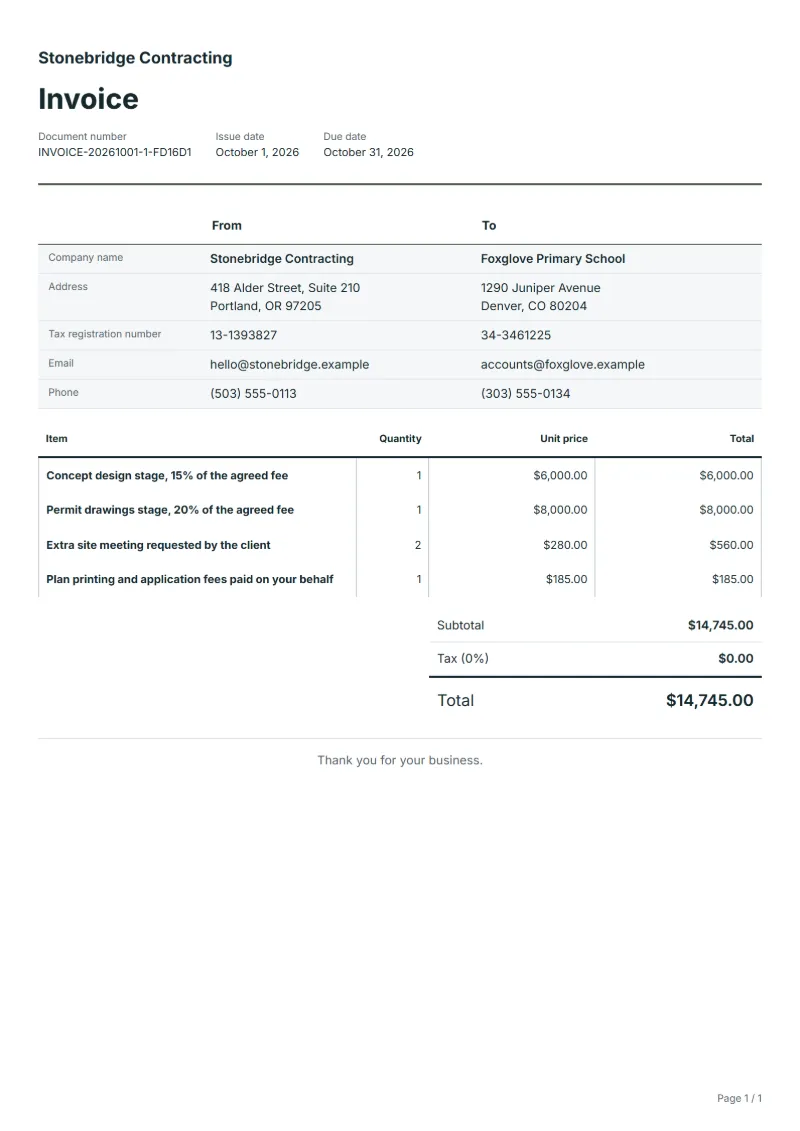 Free architect fee invoice template: sample document with line items, quantities, prices and the total