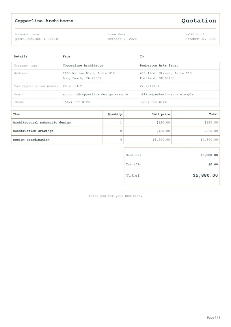 Free architecture quotation template: sample document with line items, quantities, prices and the total