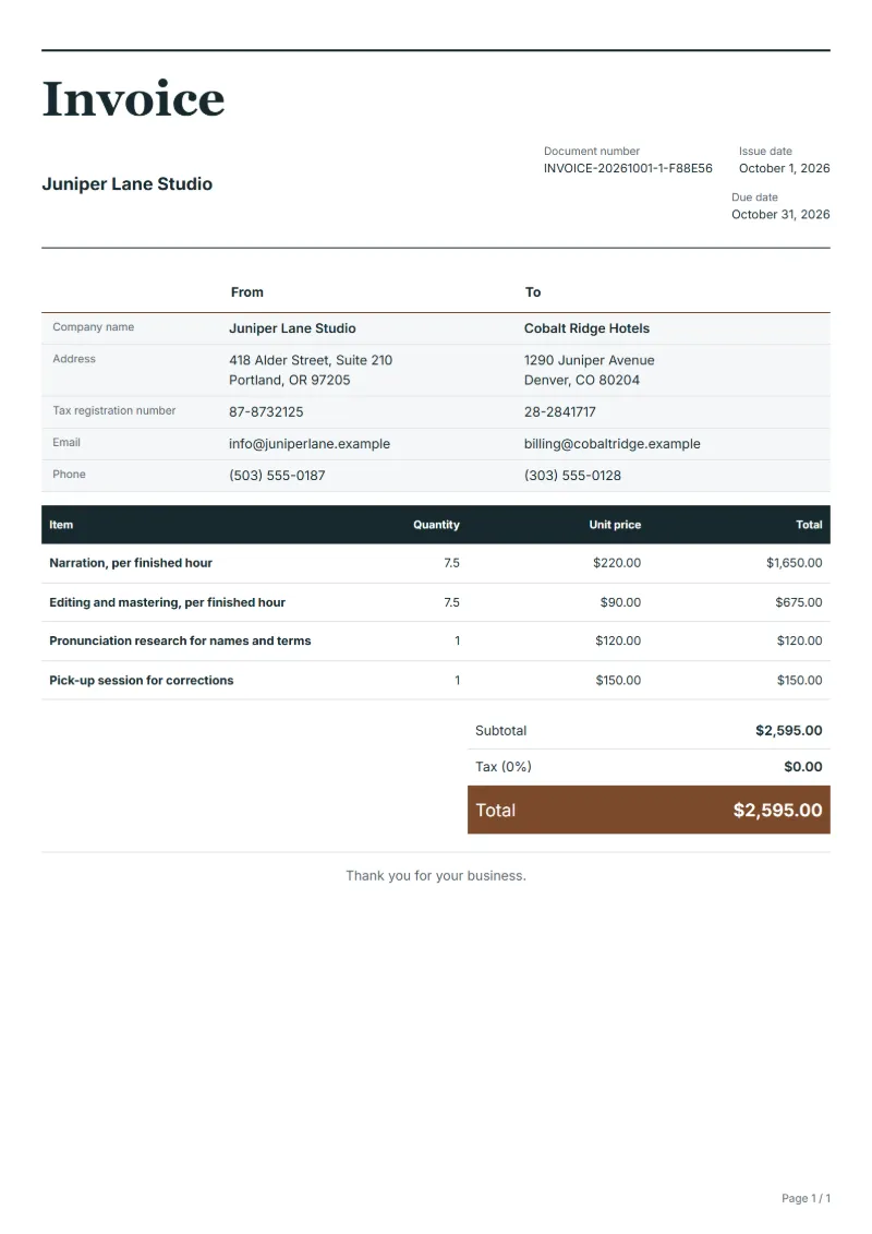 Free audiobook narration invoice template: sample document with line items, quantities, prices and the total
