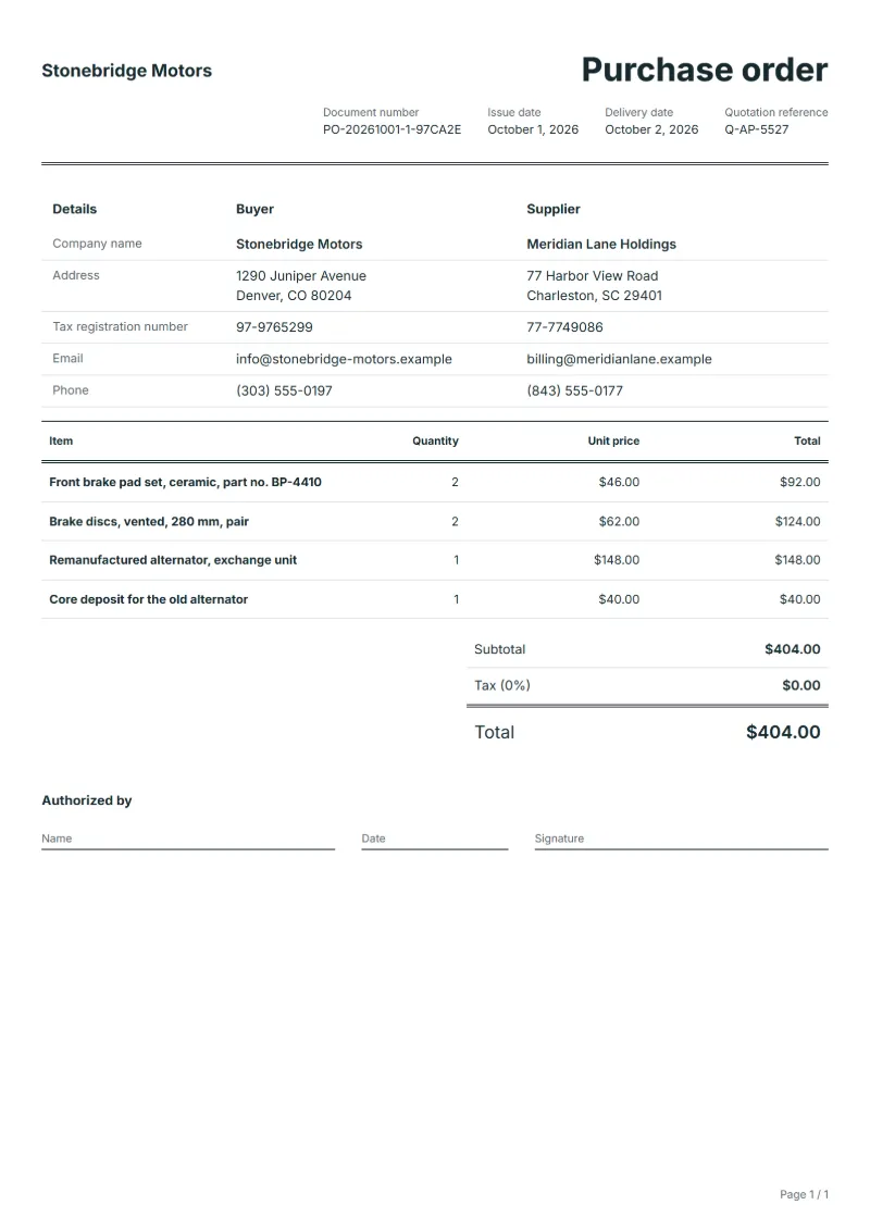 Free auto parts purchase order template: sample document with line items, quantities, prices and the total