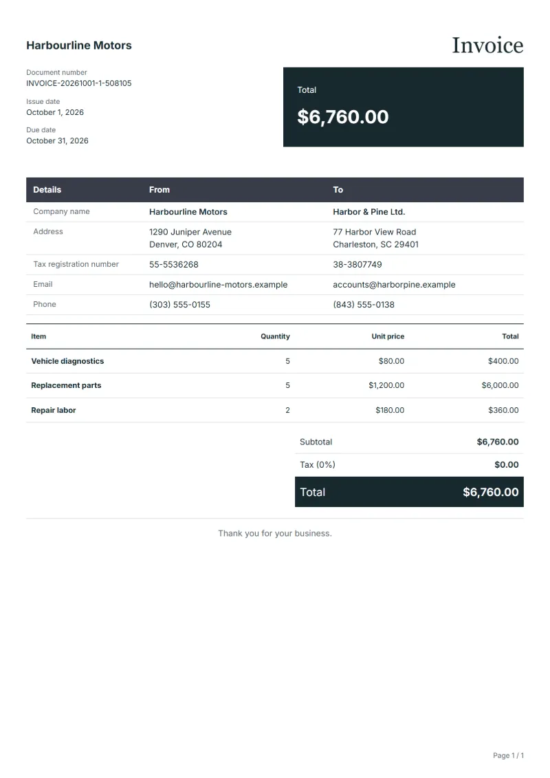 Free auto repair invoice template: sample document with fictional company names, line items, quantities, prices and the total
