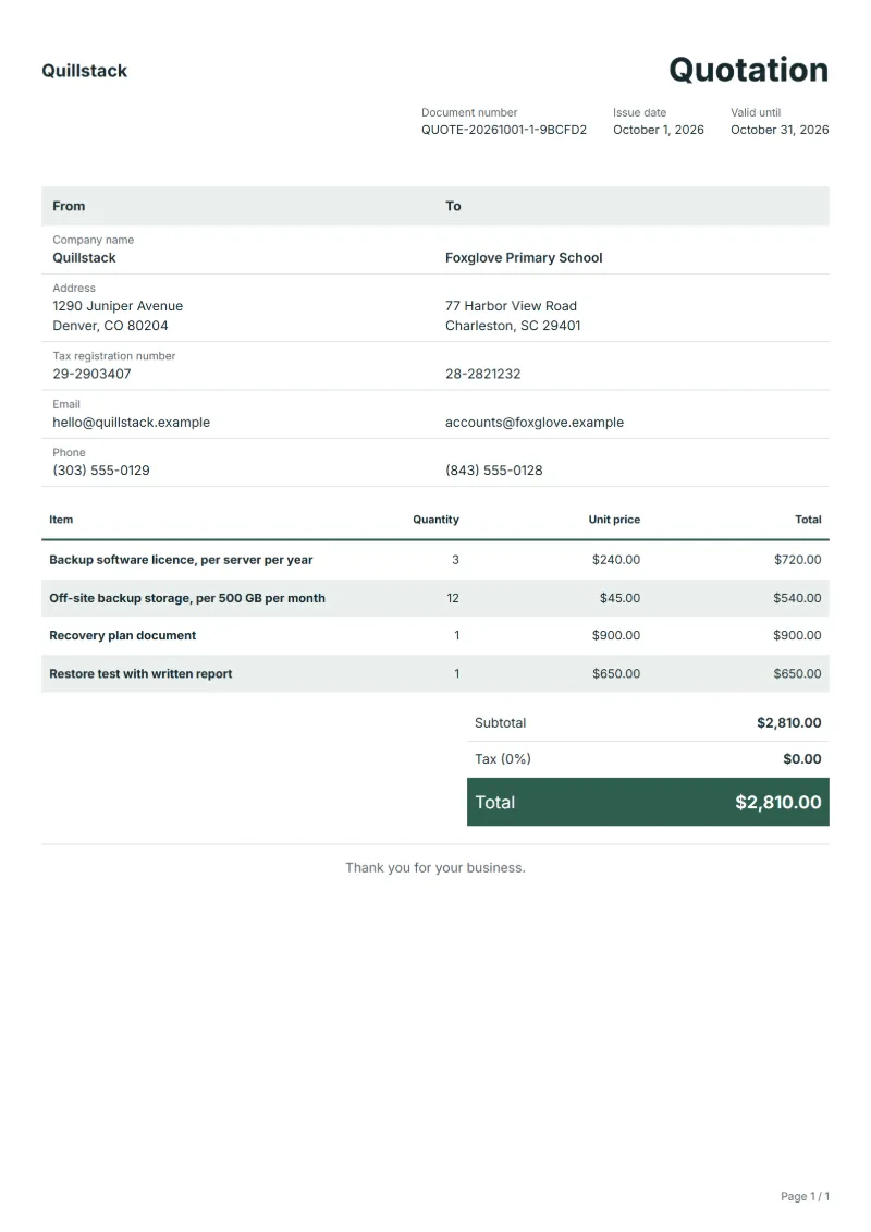 Free backup and disaster recovery quotation template: sample document with line items, quantities, prices and the total