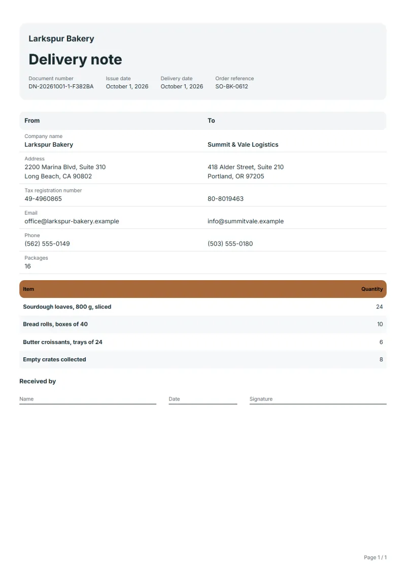Free bakery wholesale delivery note template: sample document with the items, their quantities and a signature line