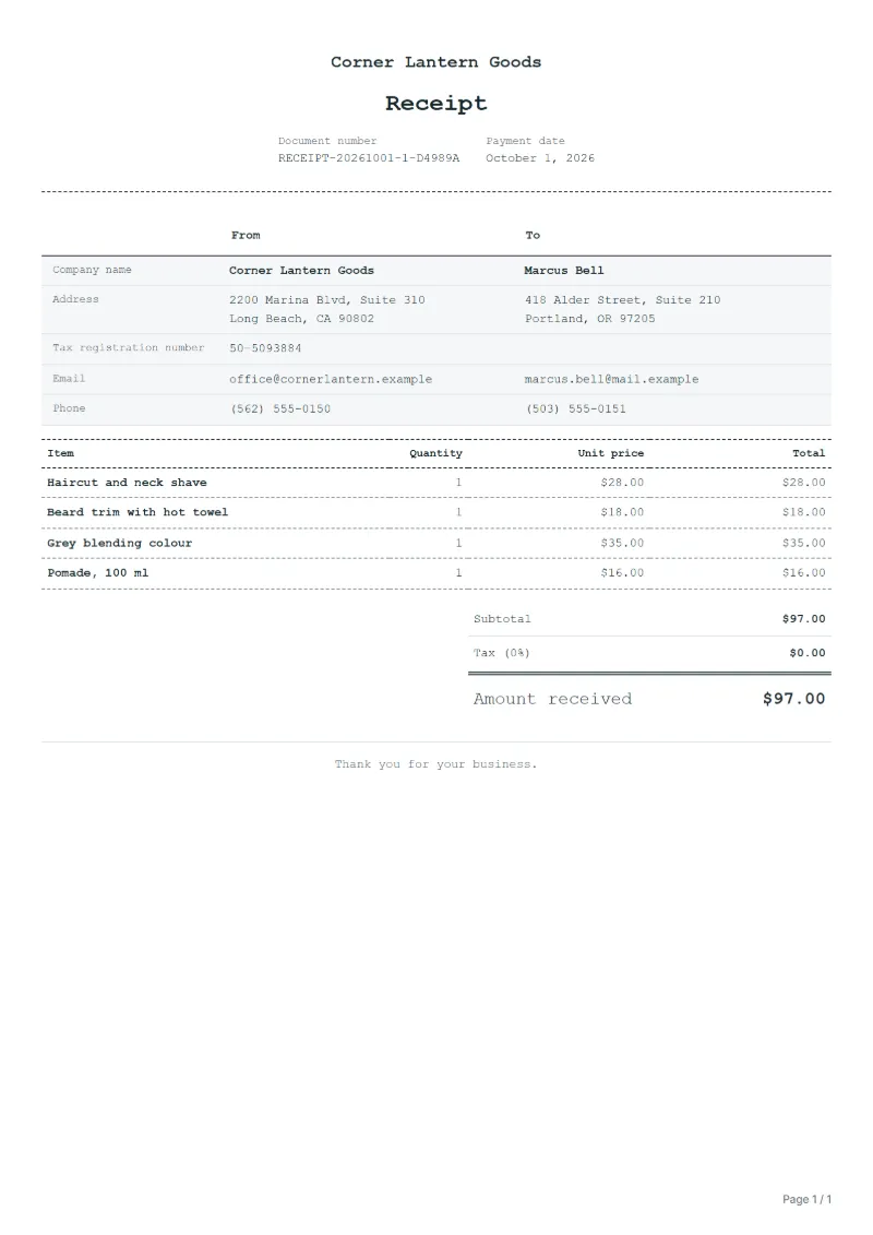 Free barber shop receipt template: sample document with fictional company names, line items, quantities, prices and the total