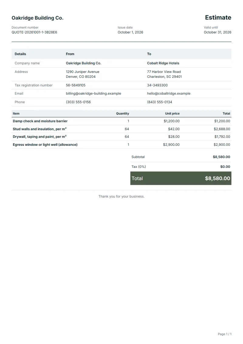 Free basement finishing estimate template: sample document with line items, quantities, prices and the total