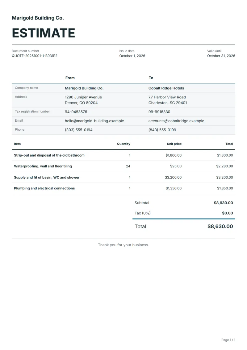 Free bathroom renovation estimate template: sample document with line items, quantities, prices and the total