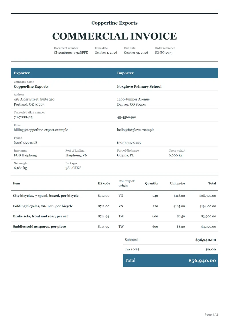 Free bicycle commercial invoice template: sample document with HS code and origin columns, prices and the total