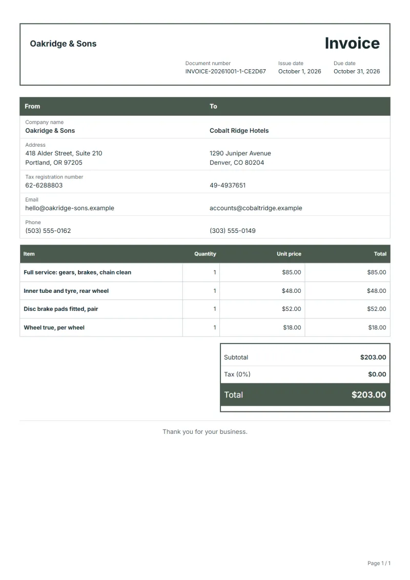 Free bicycle repair invoice template: sample document with line items, quantities, prices and the total