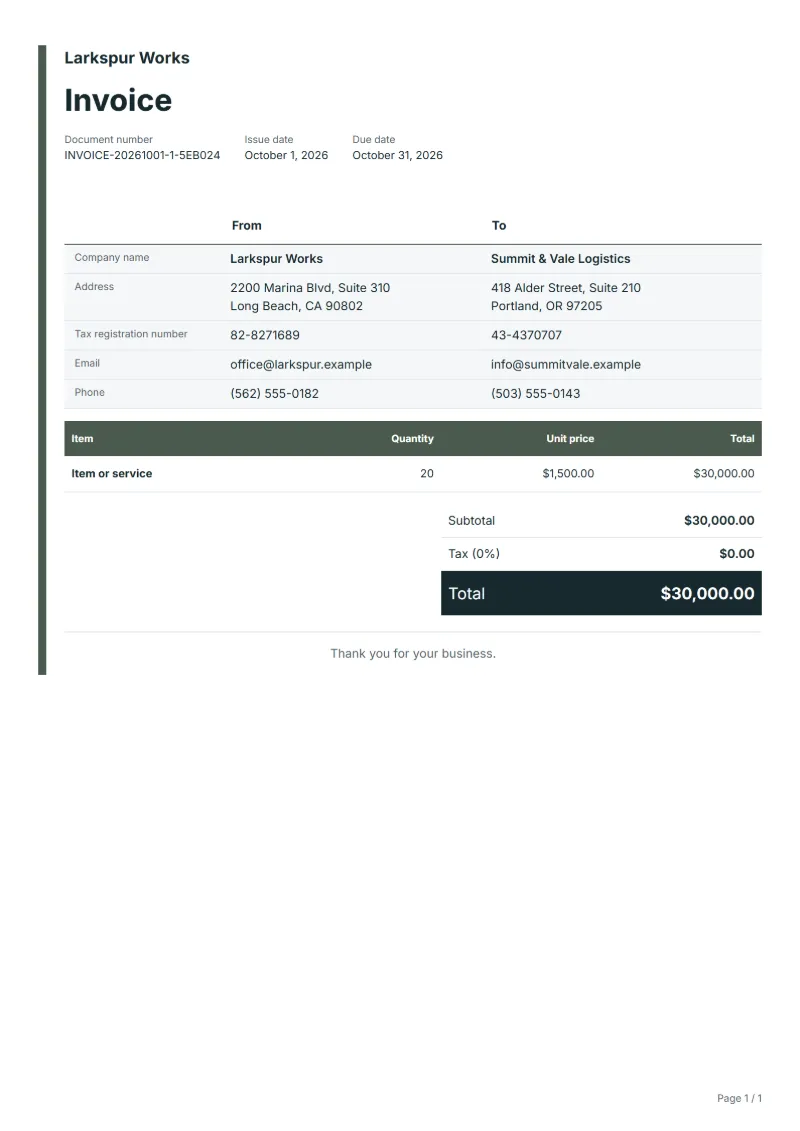 Free blank invoice template: sample document with fictional company names, line items, quantities, prices and the total