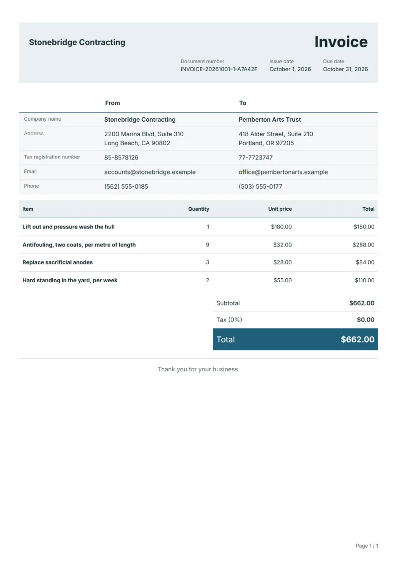 Free boat repair invoice template: sample document with fictional company names, line items, quantities, prices and the total