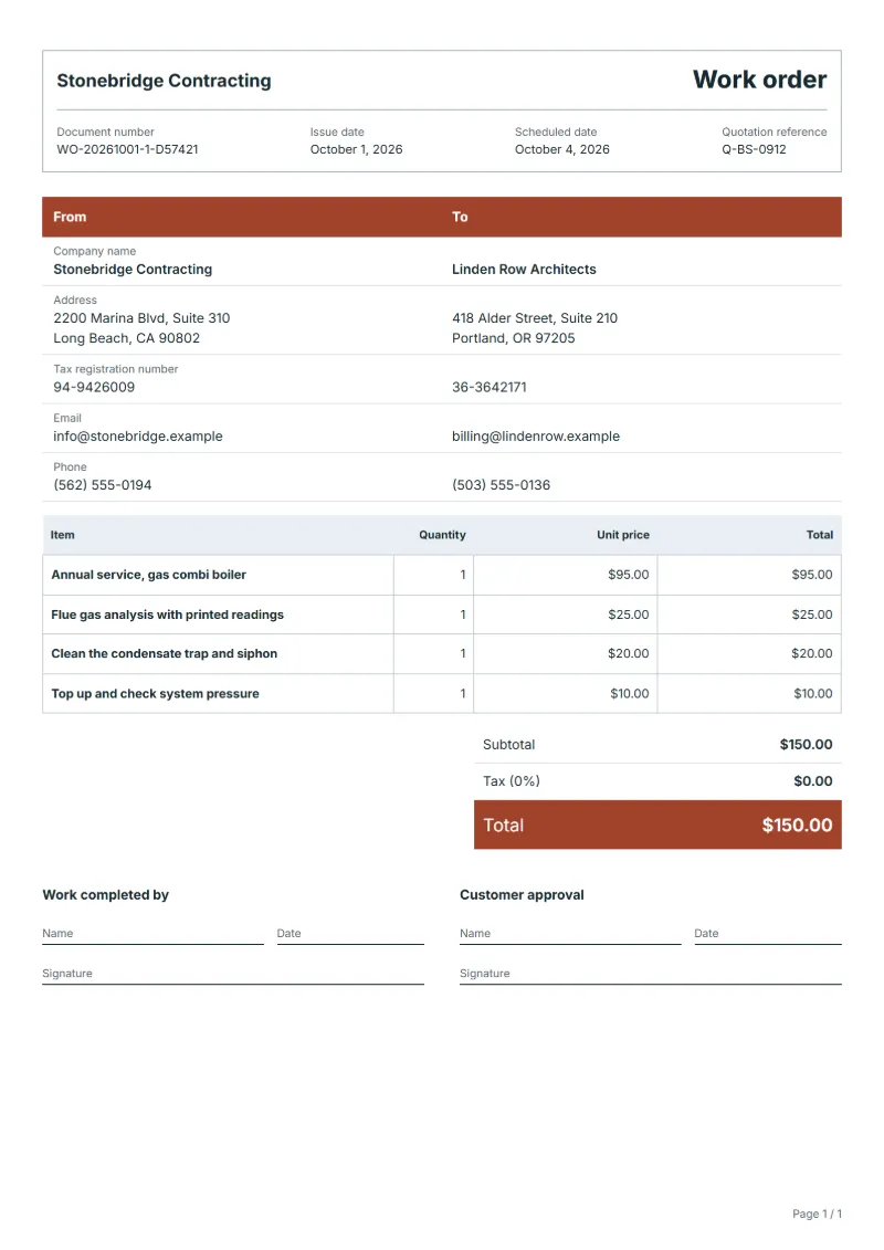 Free boiler service work order template: sample document with line items, quantities, prices and the total