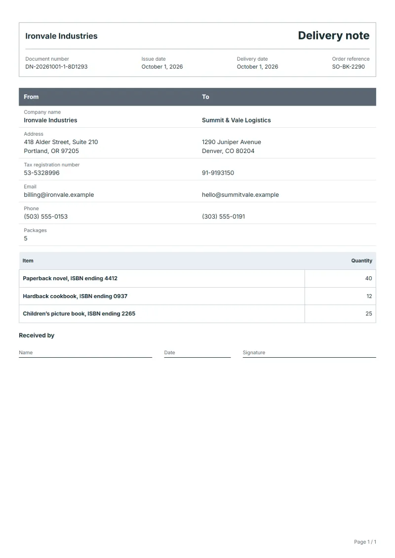 Free book delivery note template: sample document with the items, their quantities and a signature line