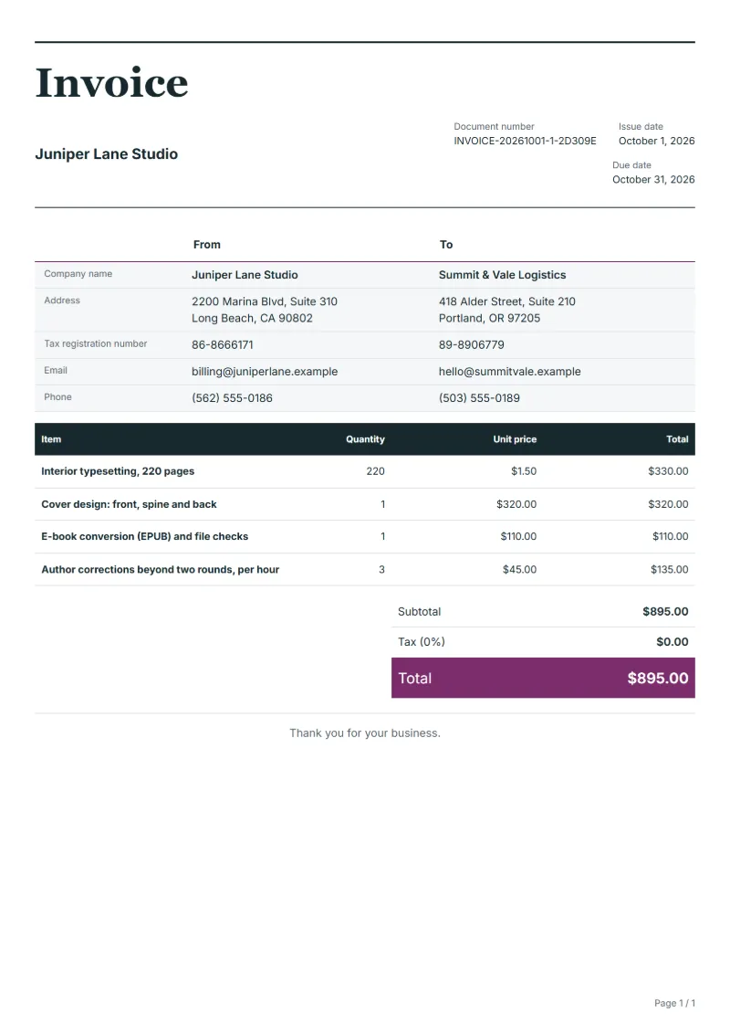 Free book typesetting invoice template: sample document with line items, quantities, prices and the total