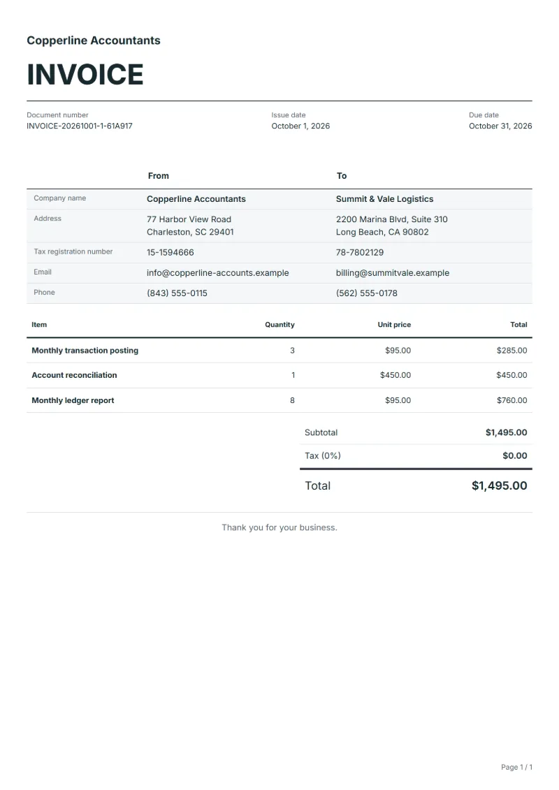 Free bookkeeping invoice template: sample document with fictional company names, line items, quantities, prices and the total