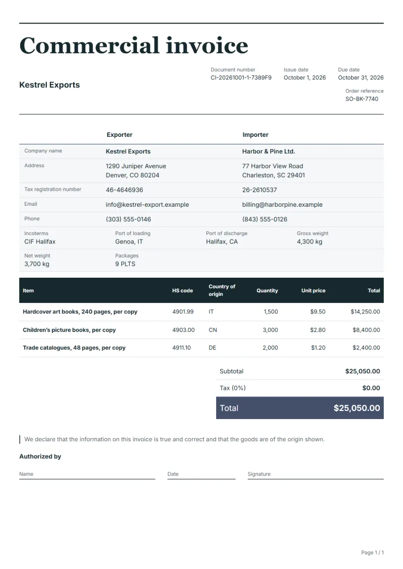 Free books and printed matter commercial invoice template: sample document with goods, prices and the total