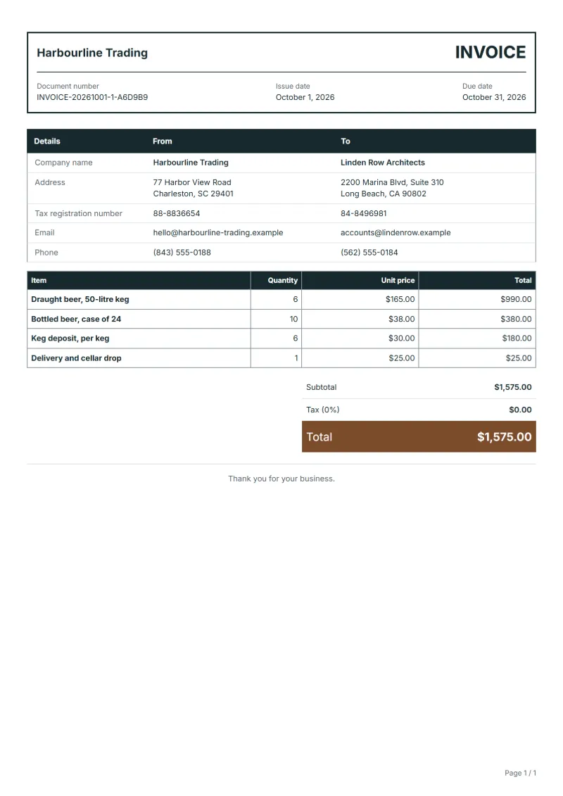 Free brewery wholesale invoice template: sample document with line items, quantities, prices and the total