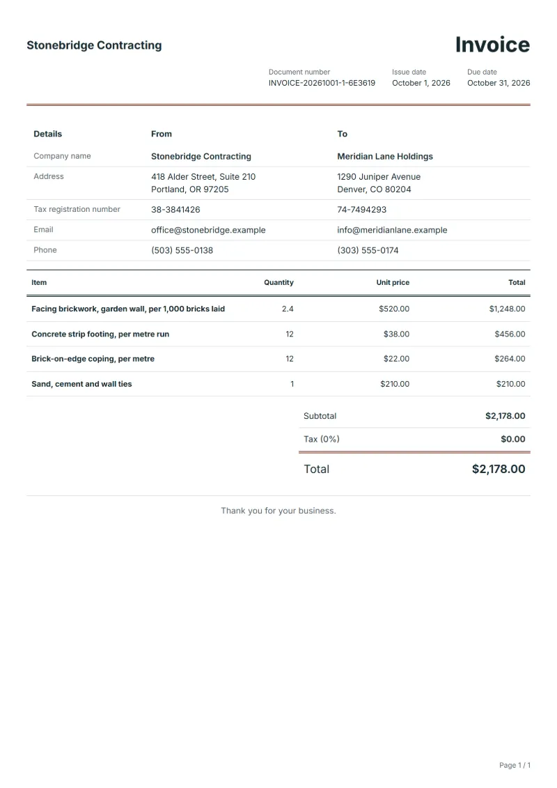 Free bricklayer invoice template: sample document with fictional company names, line items, quantities, prices and the total